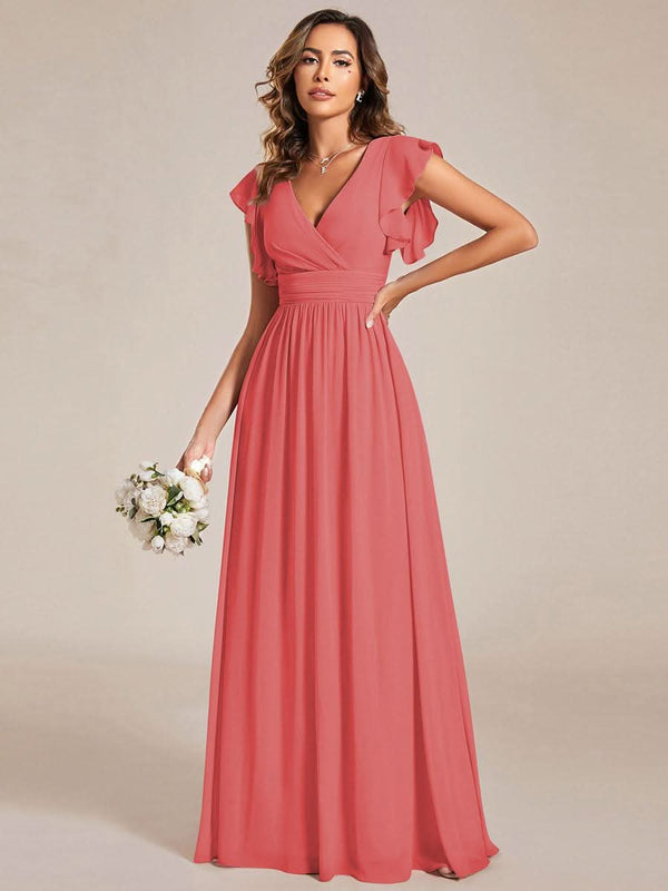 ever LILYANA|Ruffles Sleeve Back Cutout A-Line Maxi Chiffon Bridesmaid Dress