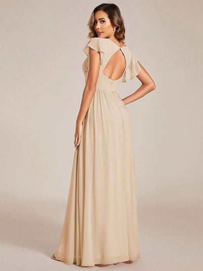 Ruffles Sleeve Back Cutout A-Line Maxi Chiffon Bridesmaid Dress #color_Gold