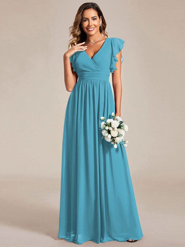 ever LILYANA|Ruffles Sleeve Back Cutout A-Line Maxi Chiffon Bridesmaid Dress