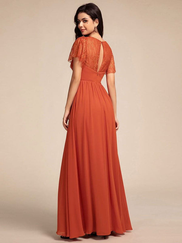 ever ROBYN|Flutter Sleeve Pleated Lace Bodice V-Neck Maxi Bridesmaid Dress