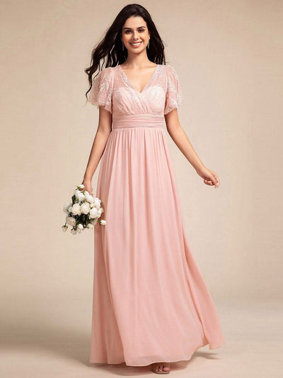 Flutter Sleeve Pleated Lace Bodice V-Neck Maxi Bridesmaid Dress #color_Pink