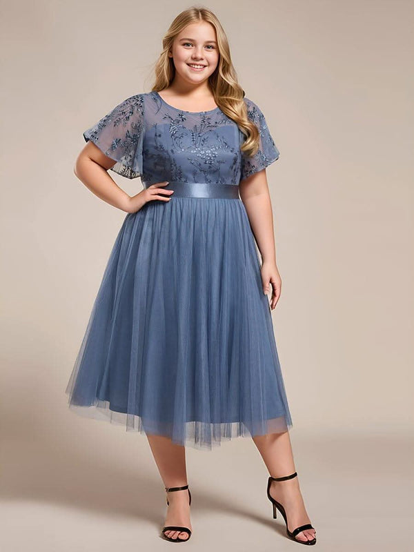 ever MARA|Embellished Tulle Midi Junior Bridesmaid Dress with Sheer Sleeves