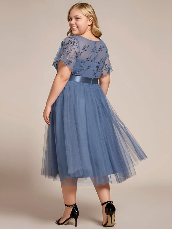 pretty MARA|Plus Size Round Neckline Embellished Tulle Midi Junior Bridesmaid Dress