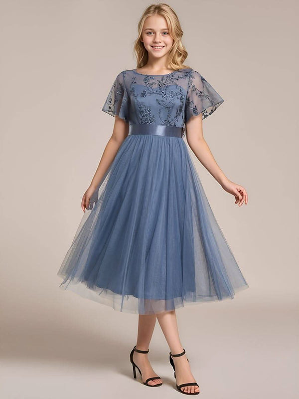 ever MARA|Embellished Tulle Midi Junior Bridesmaid Dress with Sheer Sleeves