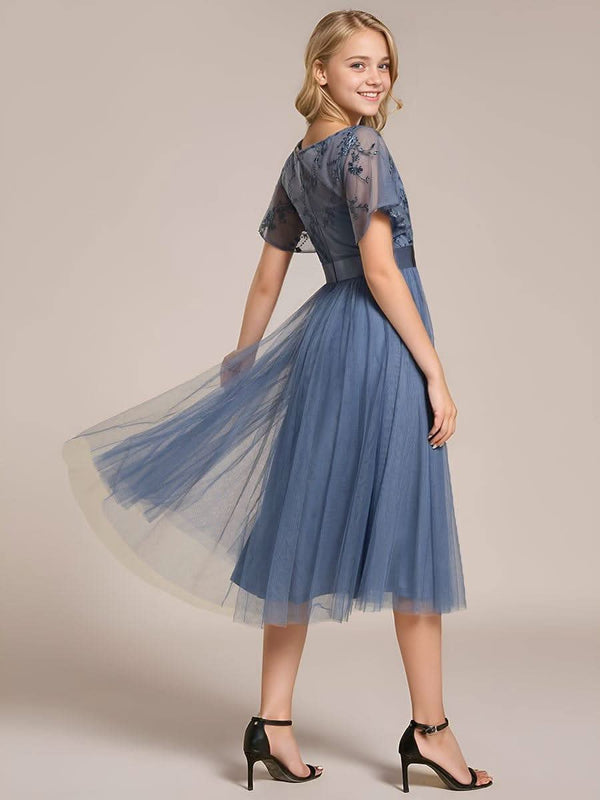 ever MARA|Embellished Tulle Midi Junior Bridesmaid Dress with Sheer Sleeves