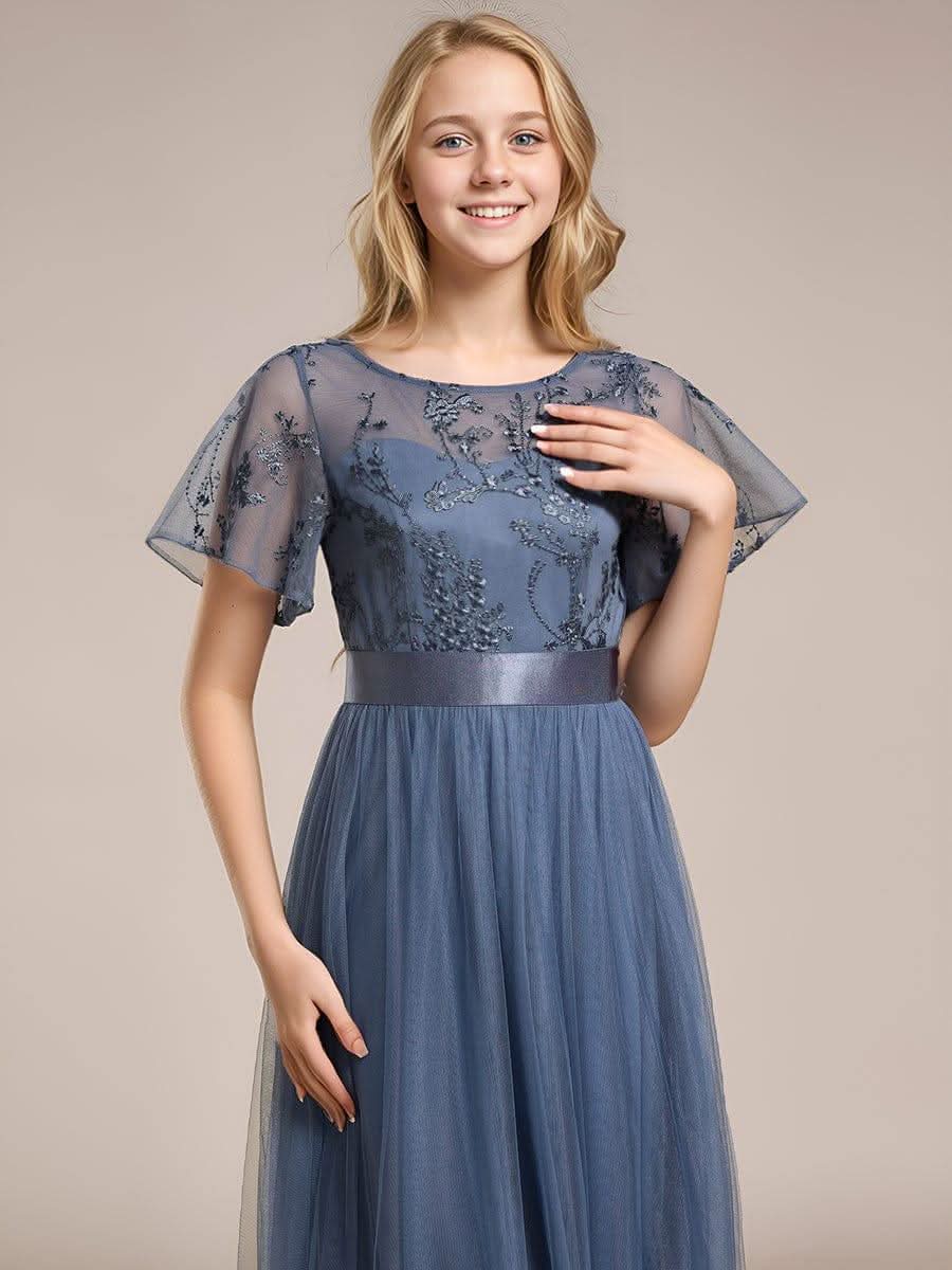 Embellished Tulle Midi Bridesmaid Dress with Sheer Sleeves #color_Dusty Blue