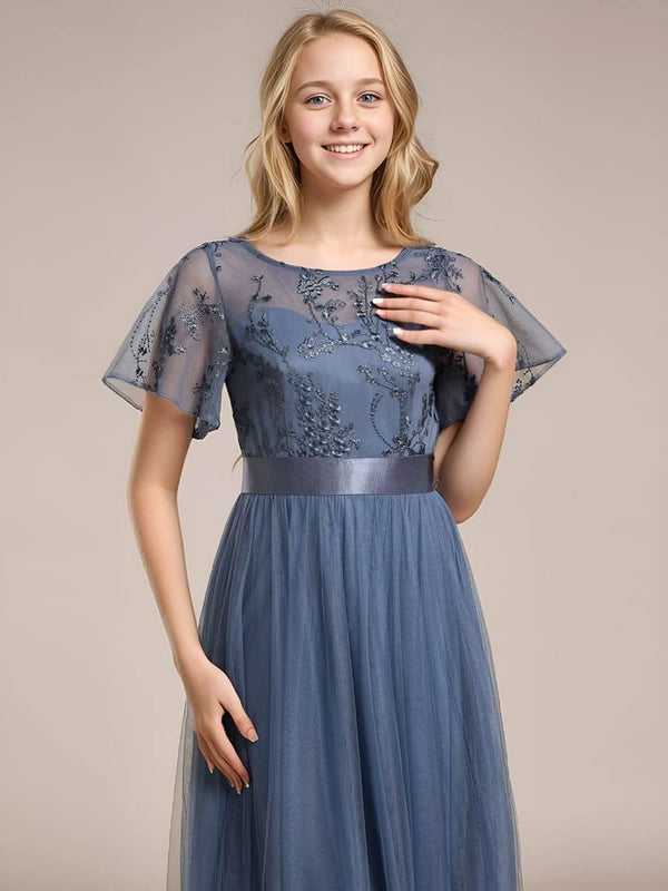 ever MARA|Embellished Tulle Midi Junior Bridesmaid Dress with Sheer Sleeves