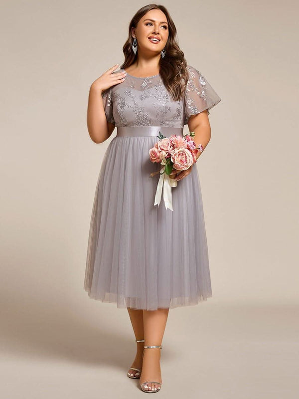 pretty MARA|Plus Size Round Neckline Embellished Tulle Midi Junior Bridesmaid Dress
