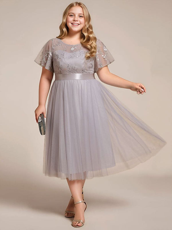 pretty MARA|Plus Size Round Neckline Embellished Tulle Midi Junior Bridesmaid Dress