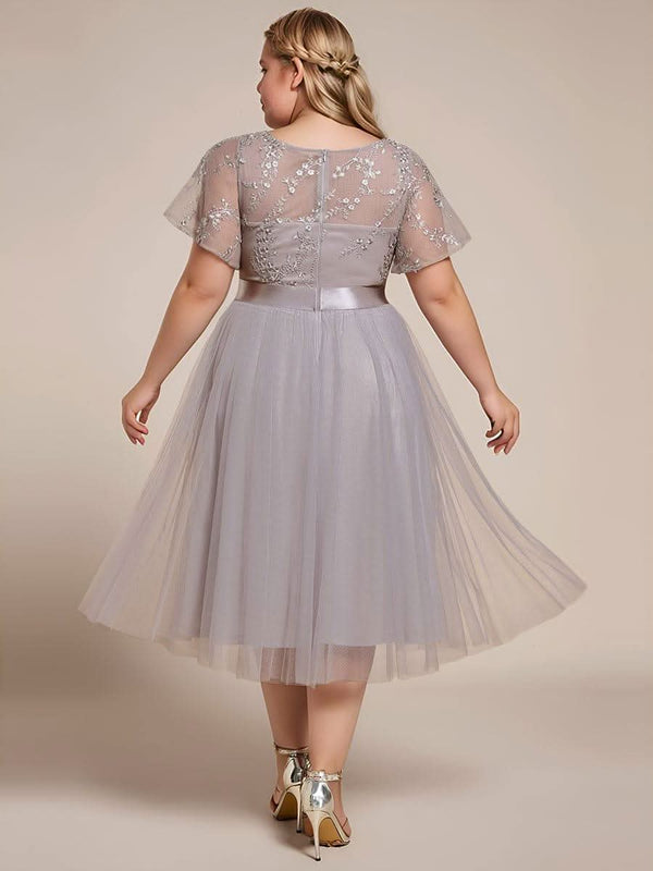 pretty MARA|Plus Size Round Neckline Embellished Tulle Midi Junior Bridesmaid Dress