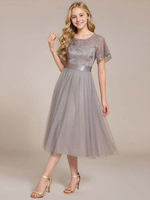 ever MARA|Embellished Tulle Midi Junior Bridesmaid Dress with Sheer Sleeves