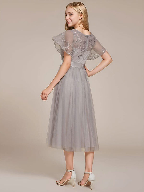 ever MARA|Embellished Tulle Midi Junior Bridesmaid Dress with Sheer Sleeves
