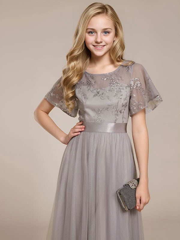 ever MARA|Embellished Tulle Midi Junior Bridesmaid Dress with Sheer Sleeves