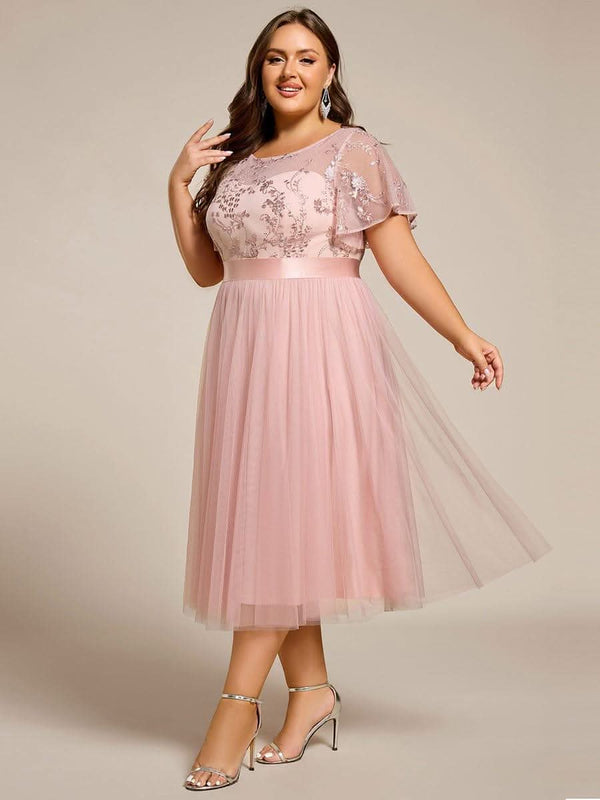 pretty MARA|Plus Size Round Neckline Embellished Tulle Midi Junior Bridesmaid Dress