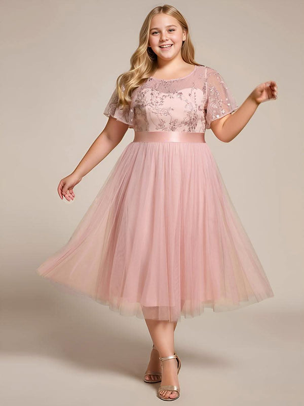 ever MARA|Embellished Tulle Midi Junior Bridesmaid Dress with Sheer Sleeves