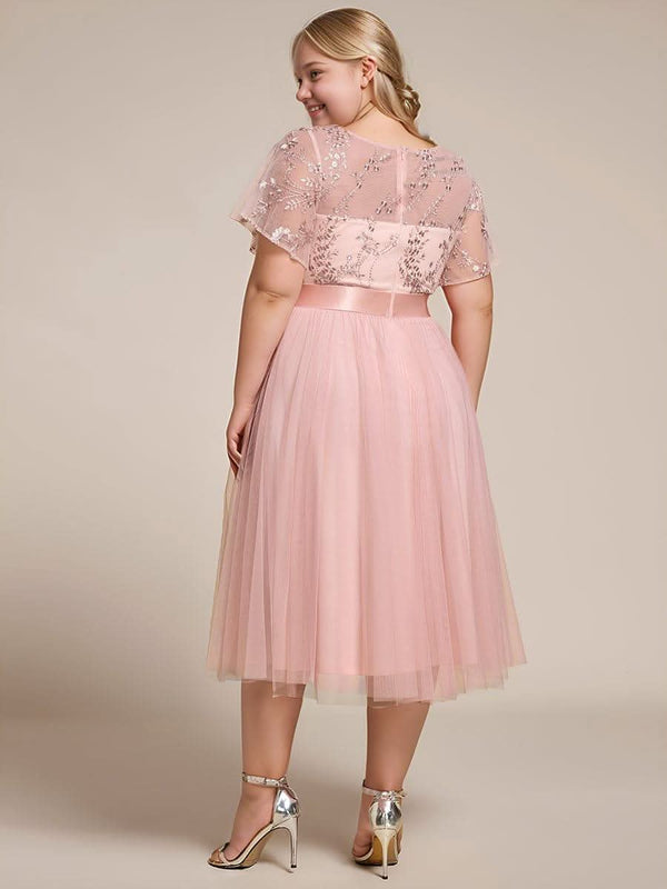 pretty MARA|Plus Size Round Neckline Embellished Tulle Midi Junior Bridesmaid Dress