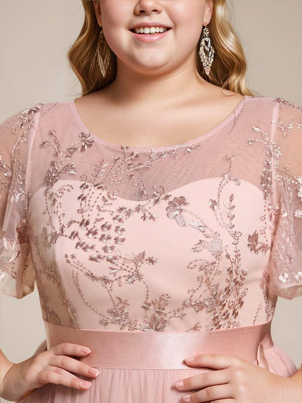 pretty MARA|Plus Size Round Neckline Embellished Tulle Midi Junior Bridesmaid Dress