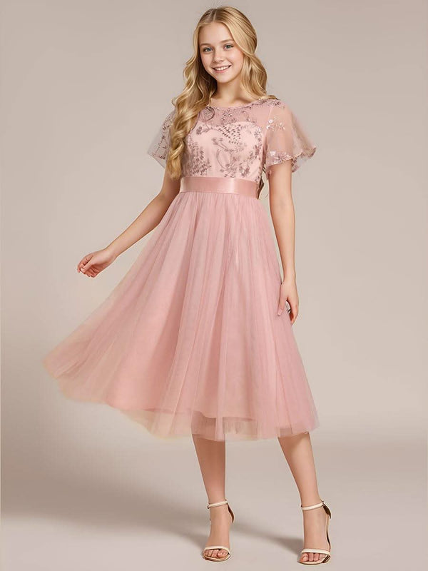 ever MARA|Embellished Tulle Midi Junior Bridesmaid Dress with Sheer Sleeves
