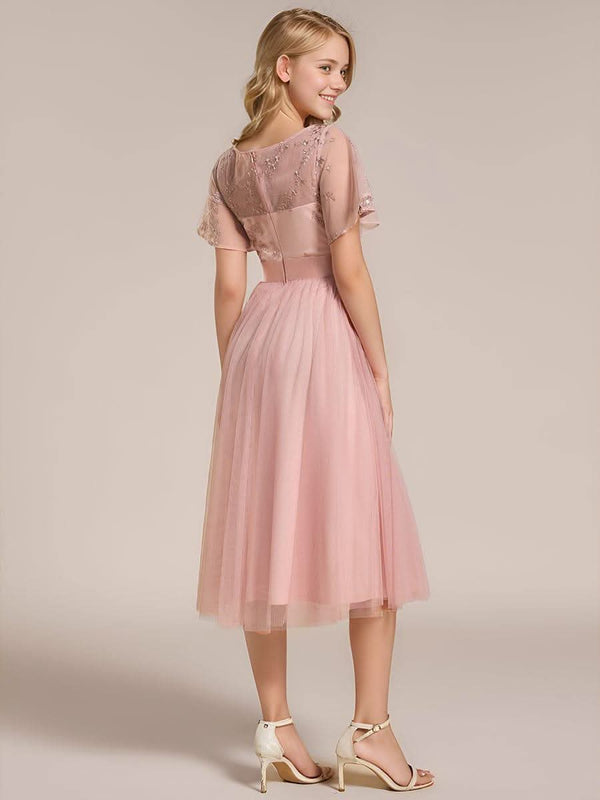 ever MARA|Embellished Tulle Midi Junior Bridesmaid Dress with Sheer Sleeves