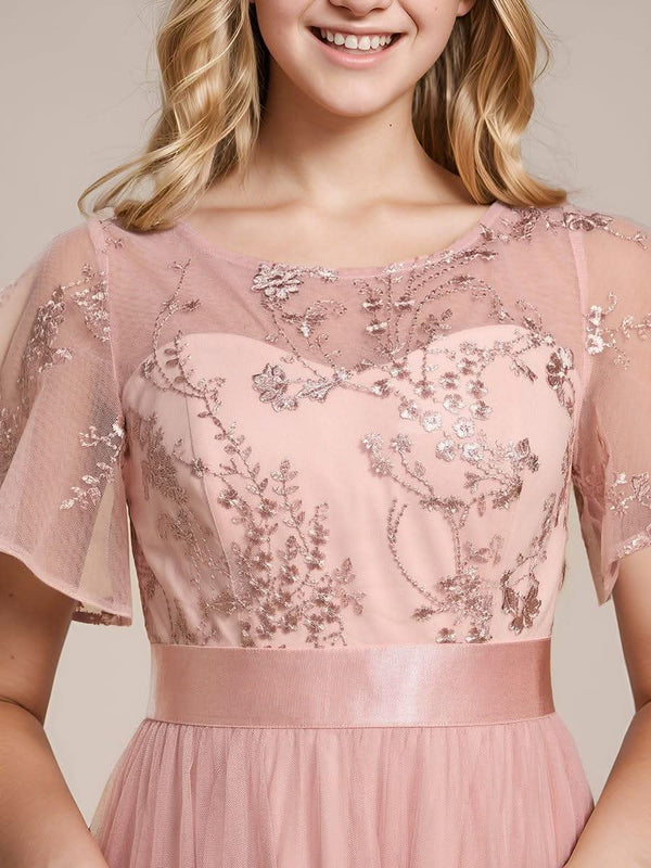ever MARA|Embellished Tulle Midi Junior Bridesmaid Dress with Sheer Sleeves