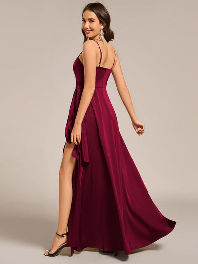 Wrap-Style Spaghetti Strap Maxi Satin Bridesmaid Dress #color_Burgundy