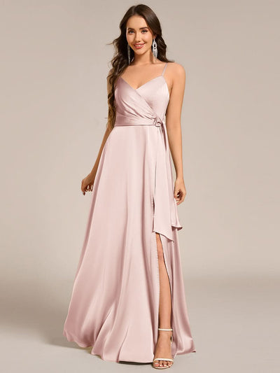 Wrap-Style Spaghetti Strap Maxi Satin Bridesmaid Dress #color_Pink