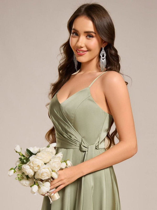 ever IYLA|Wrap-Style Spaghetti Strap Maxi Satin Bridesmaid Dress