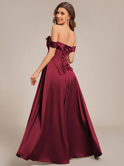 Off Shoulder Lace-Up High Slit Satin Bridesmaid Dress #color_Burgundy