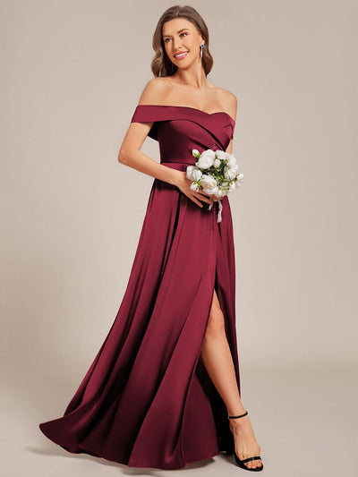 ever SKYE|Off Shoulder Lace-Up High Slit Satin Bridesmaid Dress