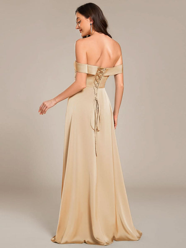 ever SKYE|Off Shoulder Lace-Up High Slit Satin Bridesmaid Dress