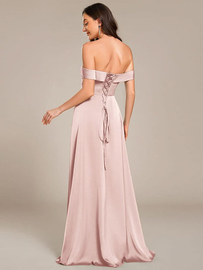 Off Shoulder Lace-Up High Slit Satin Bridesmaid Dress #color_Pink