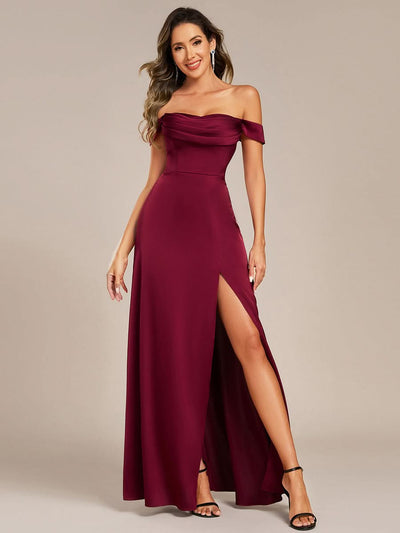 Off Shoulder Short Sleeve Split Back-Tie Satin Bridesmaid Dresses
