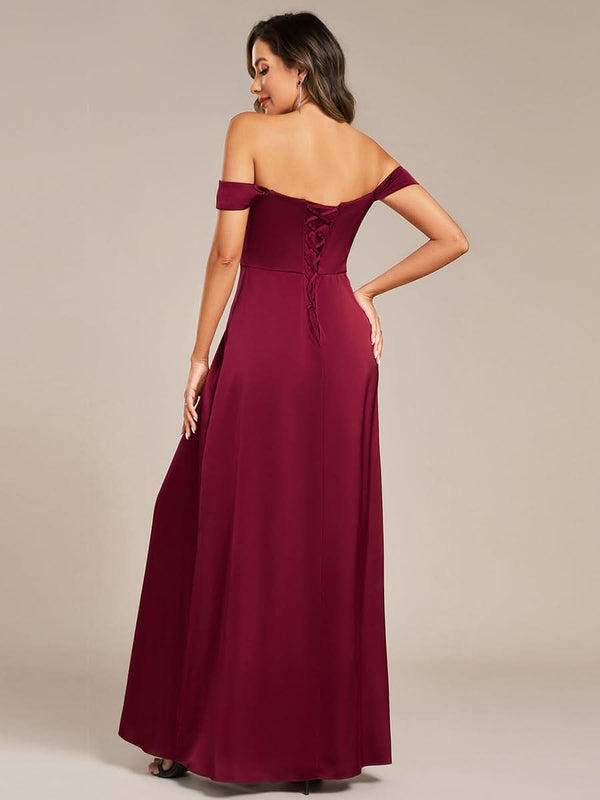 Off Shoulder Short Sleeve Split Back-Tie Satin Bridesmaid Dresses