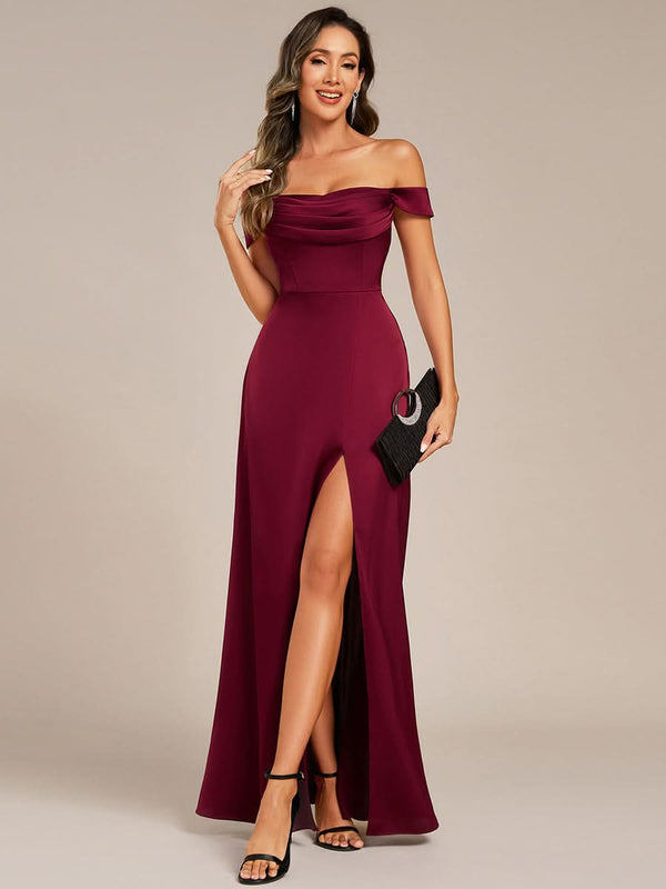 Off Shoulder Short Sleeve Split Back-Tie Satin Bridesmaid Dresses