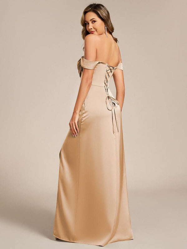 Off Shoulder Short Sleeve Split Back-Tie Satin Bridesmaid Dresses