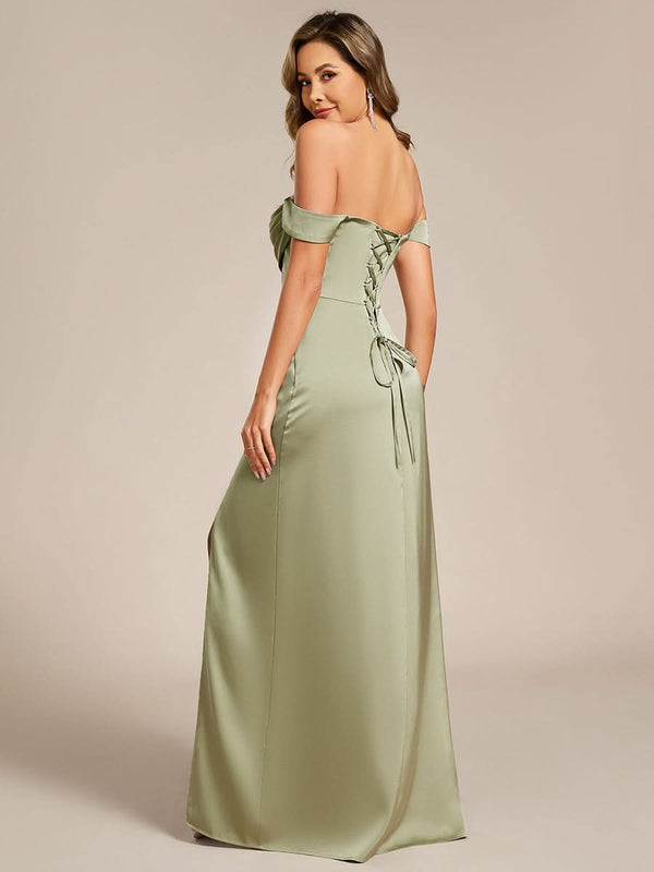 Off Shoulder Short Sleeve Split Back-Tie Satin Bridesmaid Dresses