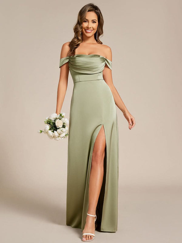 Off Shoulder Short Sleeve Split Back-Tie Satin Bridesmaid Dresses