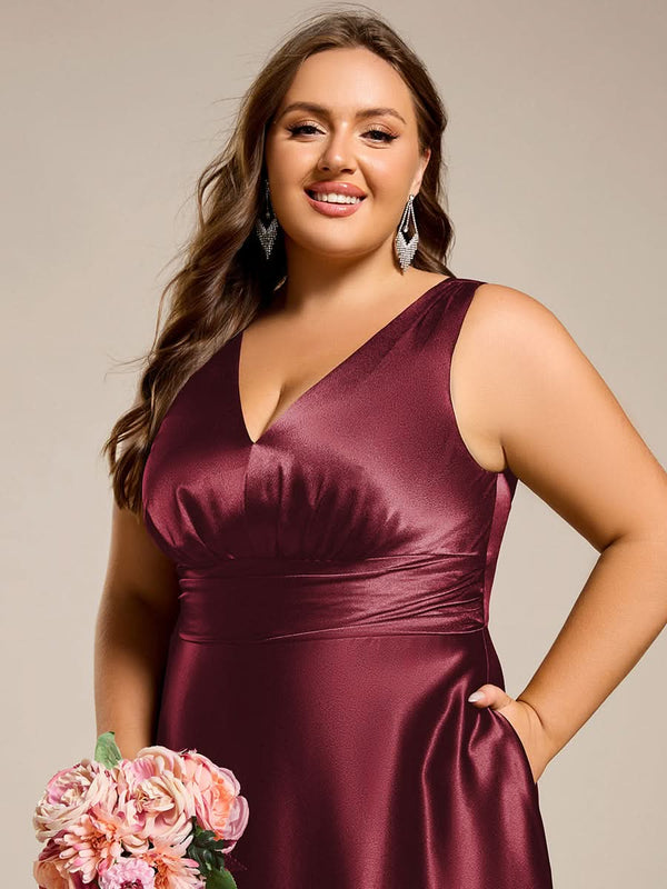 ever INDY|V-neck Empire Waist Satin Maxi Bridesmaid Dress with Pockets