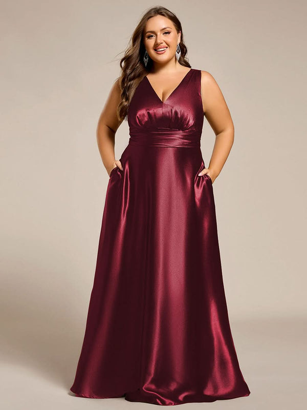 ever INDY|V-neck Empire Waist Satin Maxi Bridesmaid Dress with Pockets