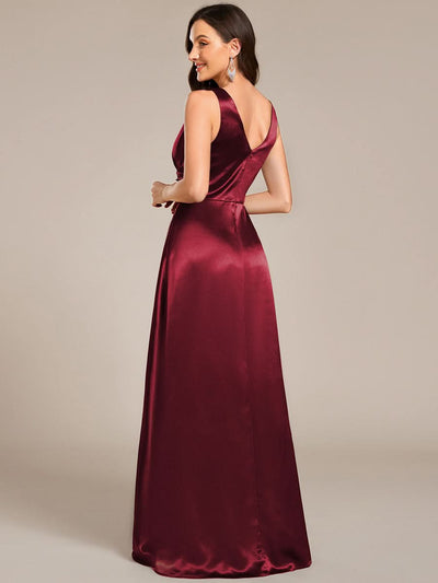 V-neck Empire Waist Satin Maxi Bridesmaid Dress with Pockets #color_Burgundy