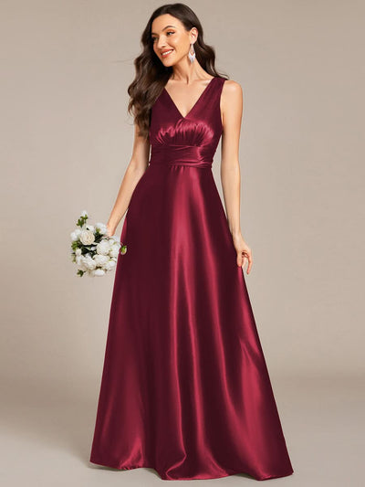 ever INDY|V-neck Empire Waist Satin Maxi Bridesmaid Dress with Pockets
