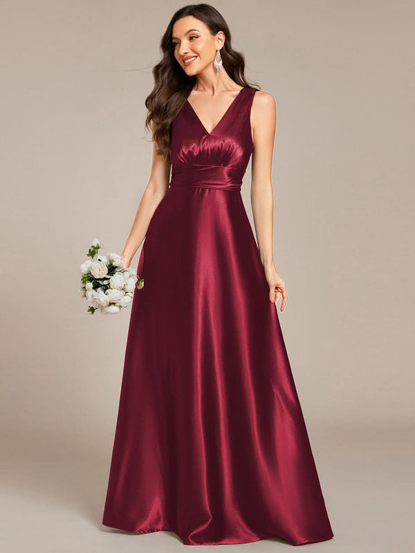 ever INDY|V-neck Empire Waist Satin Maxi Bridesmaid Dress with Pockets