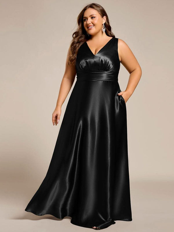 ever INDY|V-neck Empire Waist Satin Maxi Bridesmaid Dress with Pockets