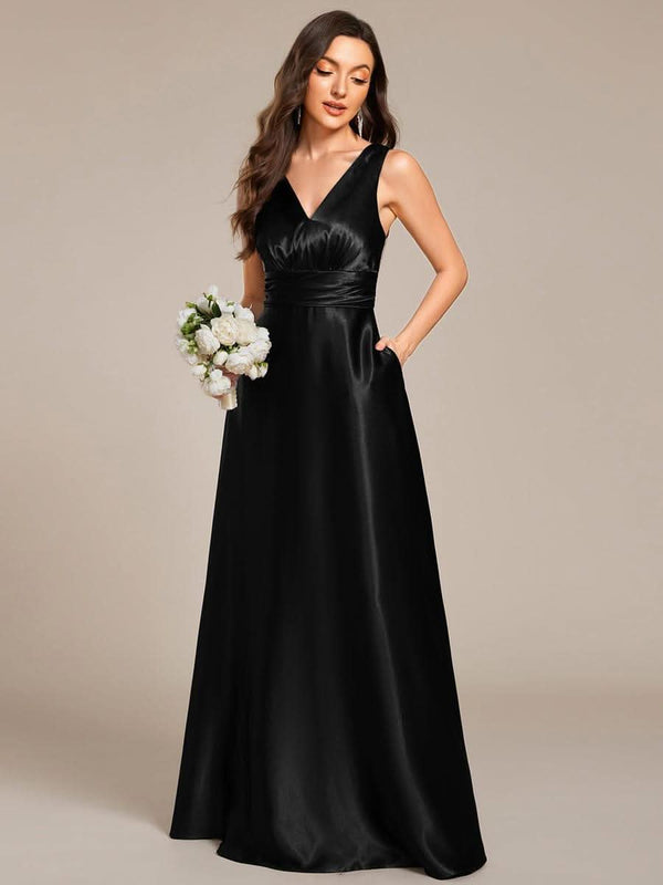 ever INDY|V-neck Empire Waist Satin Maxi Bridesmaid Dress with Pockets