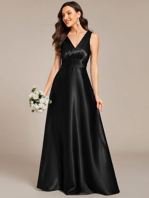 ever INDY|V-neck Empire Waist Satin Maxi Bridesmaid Dress with Pockets