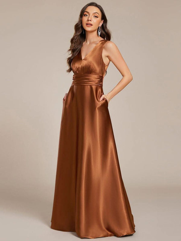 ever INDY|V-neck Empire Waist Satin Maxi Bridesmaid Dress with Pockets
