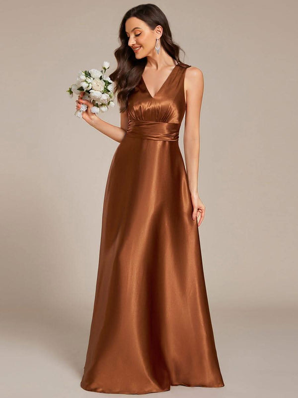 ever INDY|V-neck Empire Waist Satin Maxi Bridesmaid Dress with Pockets