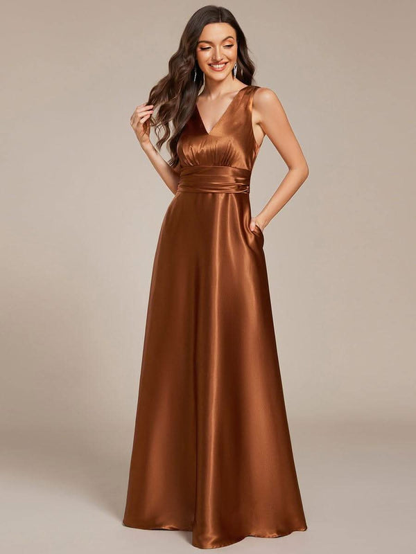 ever INDY|V-neck Empire Waist Satin Maxi Bridesmaid Dress with Pockets