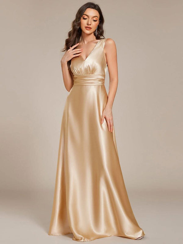 ever INDY|V-neck Empire Waist Satin Maxi Bridesmaid Dress with Pockets