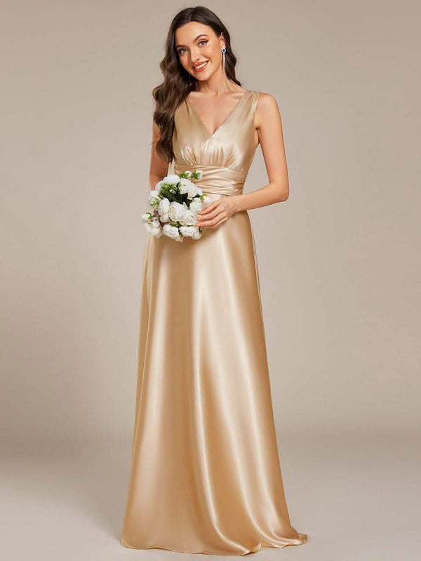ever INDY|V-neck Empire Waist Satin Maxi Bridesmaid Dress with Pockets